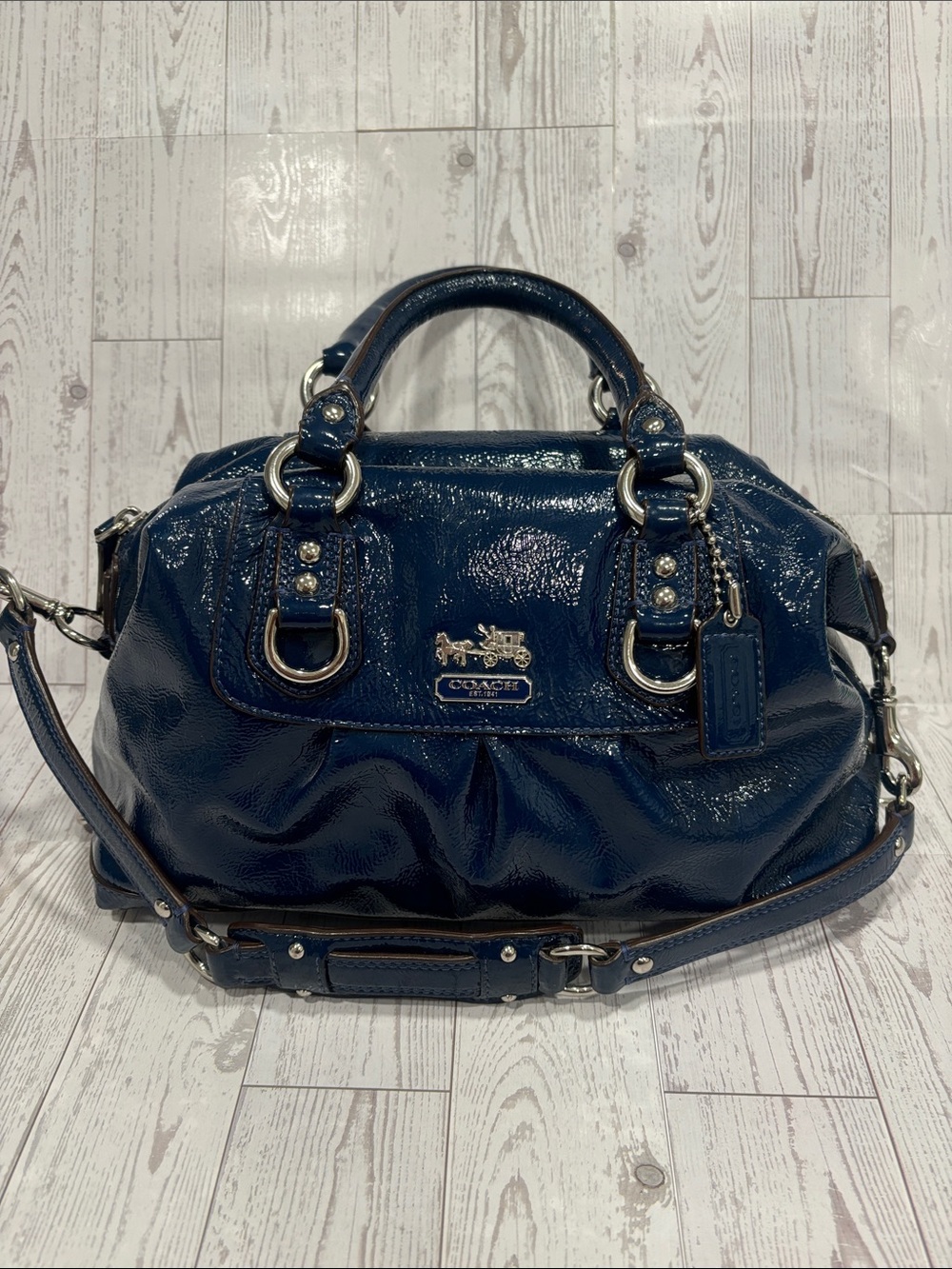 Coach Madison Sabrina Patent Leather Satchel in Deep Navy